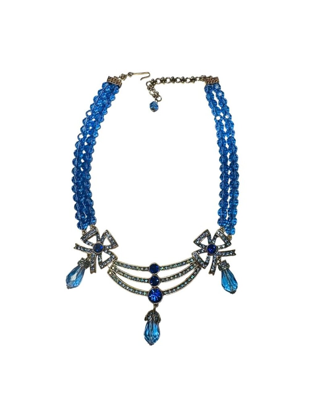 Art Deco-Style Blue & Iridescent Crystal Rhinestone Necklace Silver-Tone